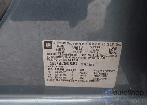 2014 Chevrolet Silverado 1500 2Lz z USA, uszkodzony, nr VIN 3GCUKSEC3EG233464